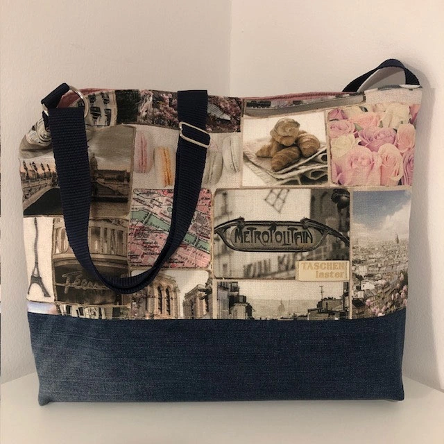 Genähte Tasche mit Paris-Fotocollage in Rosa, Grau und Schwarz sowie Jeansboden
